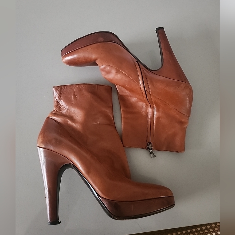 PRADA Brown Leather Heeled Booties, Zip Up Sz 40